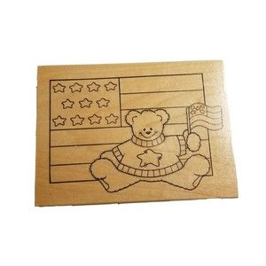 DARCIE'S Wood Rubber Stamp Patriotic Bear US Flag